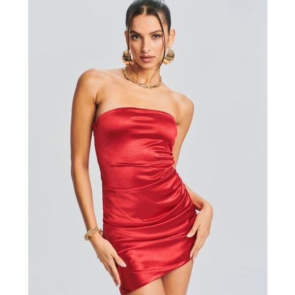NEW Ser.O.Ya Red Satin Malakai Strapless Tube Asymmetric Ruched Mini Dress - Picture 1 of 13